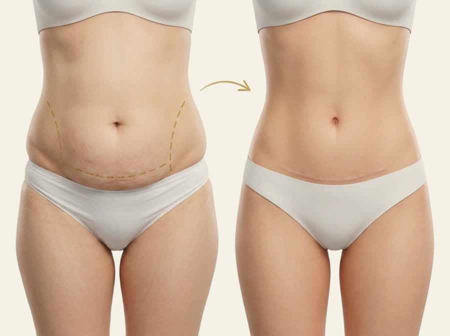 Ilustração educativa de abdominoplastia: abdome com excesso de pele antes e plano depois, com marcações cirúrgicas