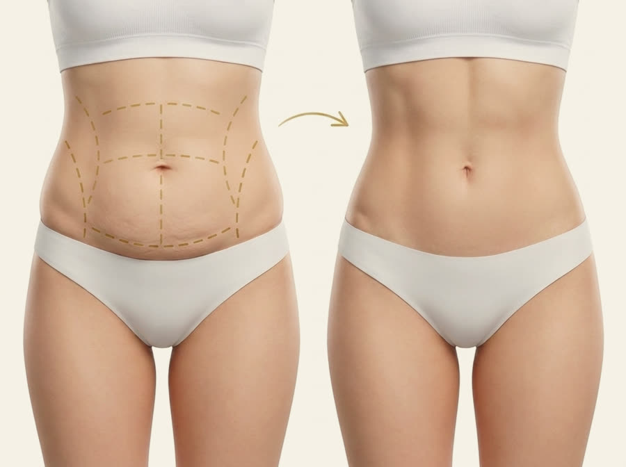 Ilustração educativa de Lipo HD: abdome com gordura localizada antes e definido depois, com marcações de lipoaspiração