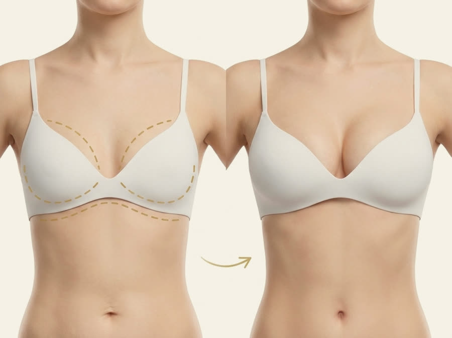 Ilustração educativa de mamoplastia de aumento: antes e depois com marcações cirúrgicas