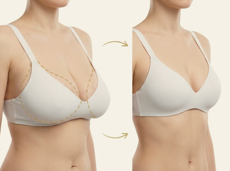 Ilustração educativa de mamoplastia redutora: mamas volumosas antes e reduzidas depois, com marcações cirúrgicas
